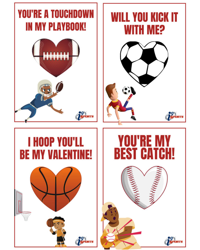 Four sports themed valentine's day cards. (1) has a football heart and says, "You're a touchdown in my playbook!" (2) has a soccer ball heart and says, "Will you kick it with me?" (3) has a basketball heart and says, "I hoop you'll be my Valentine!" and (4) has a baseball heart and says, "You're my best catch!"