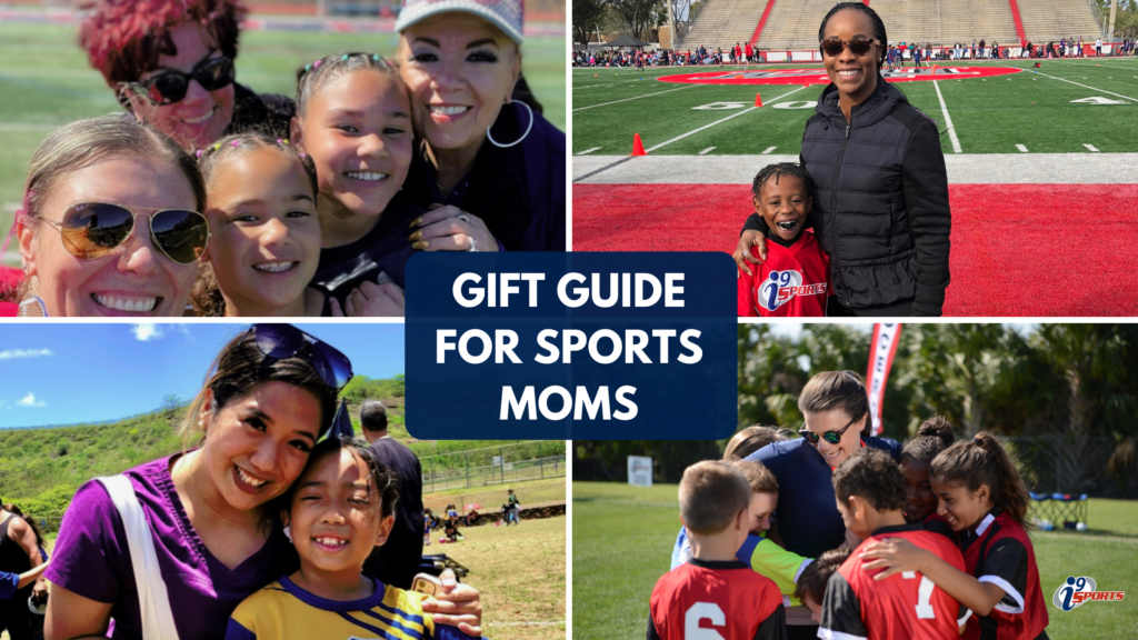 Four images of moms with their youth sports athletes. Title in the middle reasons "Gift Guide For Sports Moms."