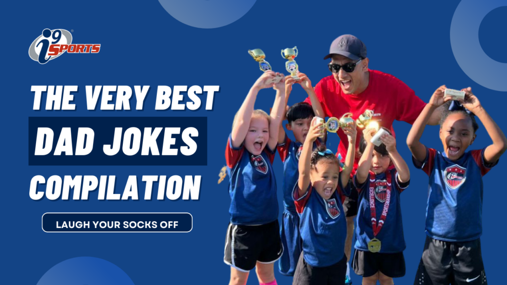 A coach with his soccer team holding their trophies in the air. Title reads "The very best dad jokes compilation."