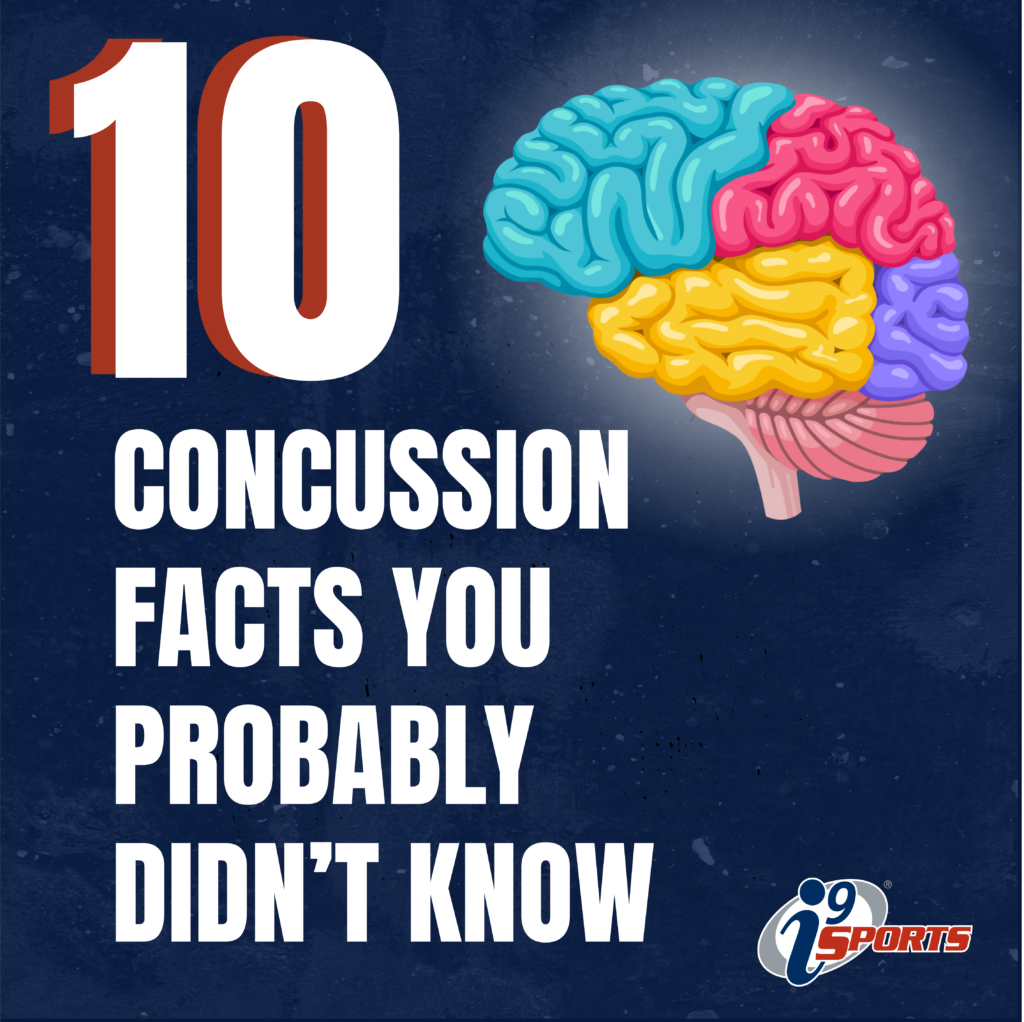 Image reads ten concussion facts you probably didn't know. With a colorful brain graphic next to it.