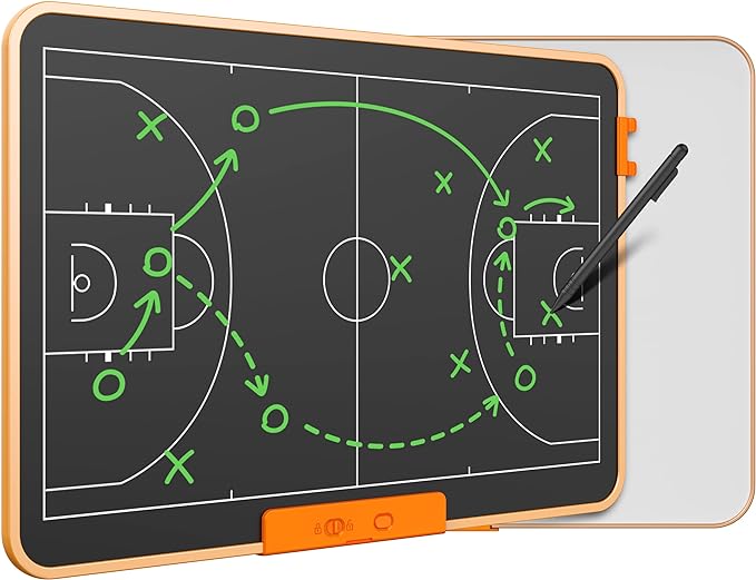 A black dry erase board with an orange border around it. Comes with a black pen that you can use to draw plays for any sport.