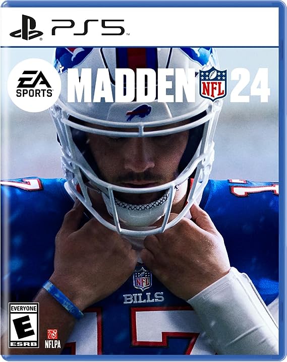 A photo of Madden 24 video game for PlayStation 5 picturing Josh Allen in his blue Bills jersey.