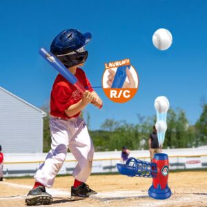 A small baseball player swinging at a ball that is being launched from the Pop A Pitch toy.