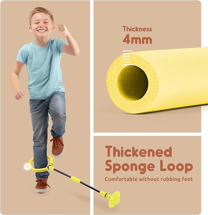 A small child with blond hair is wearing a blue t-shirt, jeans, and brown shoes as he skips around the bright yellow toy spinning around his ankle.