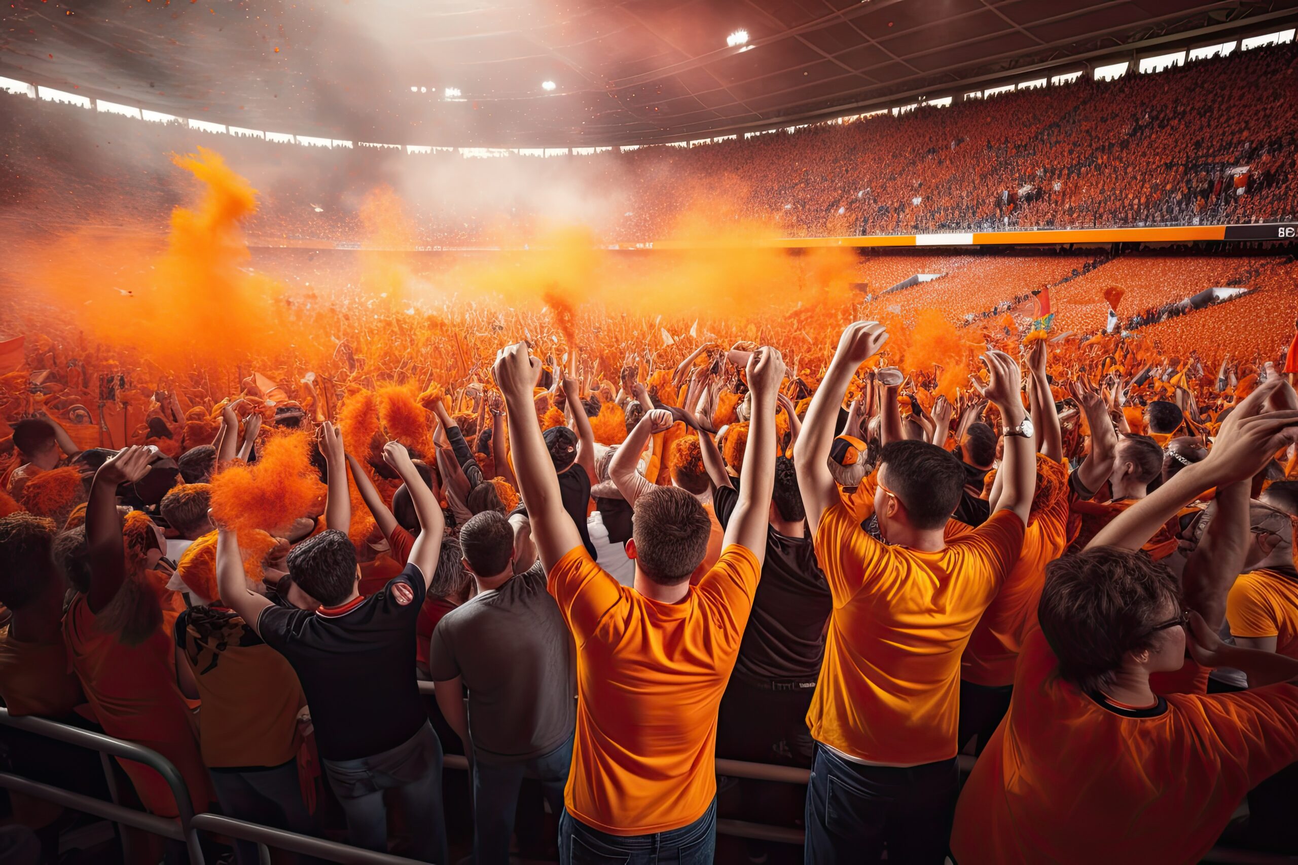 Fans at a game in orange shirts and orange dust in the air.